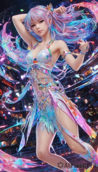 1girl,solo,long hair,breasts,looking at viewer,bangs,blue eyes,hair ornament,navel,cleavage,jewelry,medium breasts,blue hair,standing,pink hair,multicolored hair,outdoors,parted lips,sky,midriff,armpits,blurry,arm up,bracelet,lips,night,floating hair,watermark,night sky,armlet,skirt,swimsuit,bikini,earrings,see-through,bikini top only,arm behind head,realistic,butterfly hair ornament