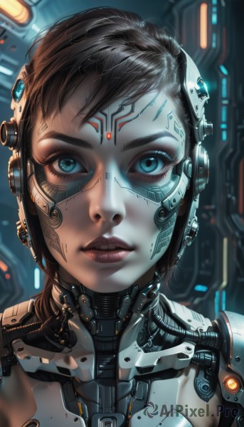 1girl,solo,looking at viewer,short hair,blue eyes,brown hair,black hair,upper body,parted lips,blurry,lips,eyelashes,makeup,blurry background,headgear,facial mark,portrait,close-up,eyeshadow,freckles,science fiction,realistic,nose,android,joints,cable,straight-on,cyborg,robot joints,cyberpunk,mechanical parts,aqua eyes,glowing,expressionless,headset,facepaint,hologram