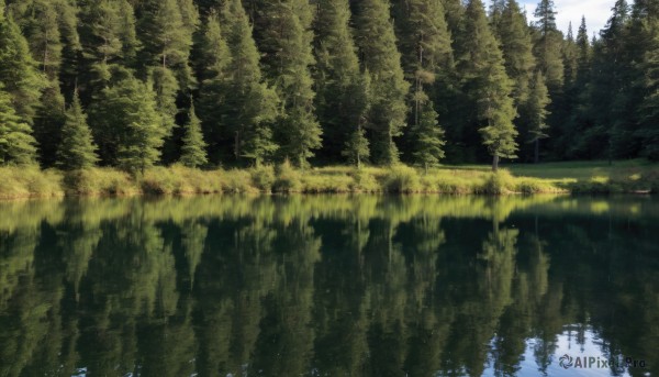 outdoors,sky,day,cloud,water,tree,blue sky,no humans,sunlight,grass,nature,scenery,forest,reflection,river,landscape,lake,reflective water,signature,cloudy sky