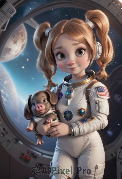 1girl,solo,long hair,looking at viewer,smile,brown hair,holding,twintails,brown eyes,closed mouth,cowboy shot,lips,animal,star (sky),forehead,freckles,dog,realistic,space,holding animal,planet,earth (planet),american flag,spacesuit,japanese flag,space helmet,astronaut,blonde hair,braid,star (symbol),bodysuit,moon,short twintails,nose,alien