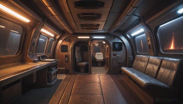 sky,indoors,no humans,window,night,chair,star (sky),scenery,reflection,science fiction,wooden floor,space,seat,starry sky,realistic,light,spacecraft,cockpit