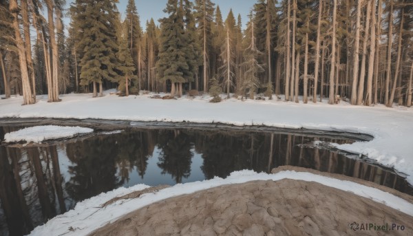 outdoors,sky,day,water,tree,blue sky,no humans,nature,scenery,snow,forest,reflection,road,winter,bare tree,river,pine tree,cloud,bush,landscape,lake,reflective water