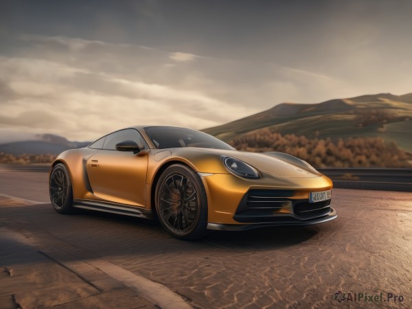 outdoors,sky,cloud,blurry,no humans,blurry background,cloudy sky,ground vehicle,scenery,motor vehicle,mountain,realistic,car,road,vehicle focus,wheel,sports car,solo,mountainous horizon