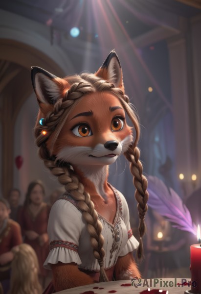 1girl,long hair,smile,multiple girls,brown hair,shirt,animal ears,brown eyes,jewelry,collarbone,tail,white shirt,upper body,braid,short sleeves,earrings,multiple boys,solo focus,artist name,indoors,signature,necklace,blurry,twin braids,flat chest,orange eyes,book,fox ears,depth of field,blurry background,table,furry,forehead,open book,fantasy,furry female,candle,body fur,animal nose,snout,brown fur,furrification,candlelight,breasts,hair ornament,dress,2girls,closed mouth,small breasts,cat ears,crop top,petals,looking away,sunlight,feathers,hair over shoulder,freckles,light rays