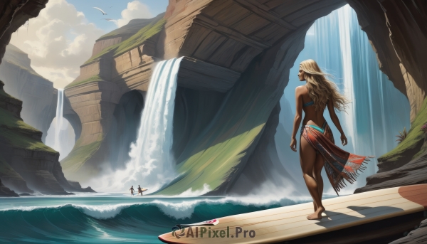 1girl,long hair,blonde hair,bare shoulders,standing,swimsuit,ass,bikini,outdoors,sky,barefoot,solo focus,day,cloud,dark skin,water,from behind,dark-skinned female,bird,ocean,back,scenery,walking,facing away,sarong,watercraft,fringe trim,loincloth,ship,waterfall,boat,cliff,surfboard,tribal,dock,breasts,brown hair,1boy,blue sky,shadow,beach,sunlight,cloudy sky,waves,seagull