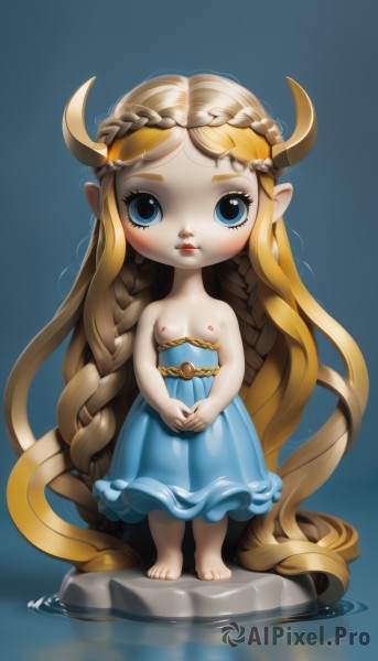 1girl,solo,long hair,looking at viewer,blush,blue eyes,blonde hair,simple background,dress,bare shoulders,very long hair,nipples,standing,full body,braid,barefoot,pointy ears,water,twin braids,flat chest,lips,loli,blue dress,own hands together,absurdly long hair,horns,eyelashes,strapless,strapless dress,crown braid