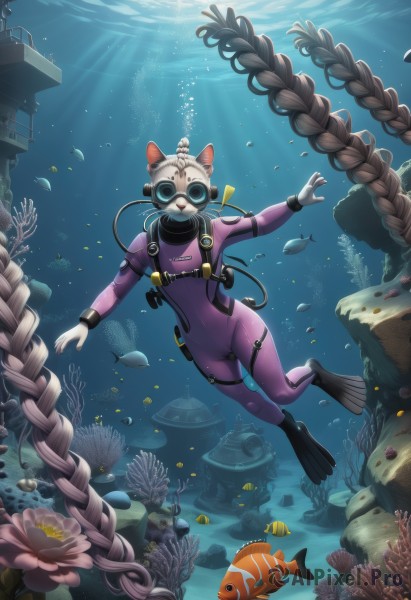 1girl,solo,long hair,animal ears,very long hair,full body,cat ears,water,bodysuit,ocean,animal,sunlight,outstretched arms,goggles,fish,bubble,light rays,underwater,air bubble,ruins,whiskers,swimming,submerged,diving mask,freediving,coral,snorkel,wetsuit,diving,brown hair,gloves,tail,braid,flower,cameltoe,helmet,tiger ears,watercraft,boat,pink bodysuit,holding breath