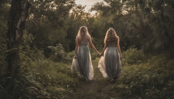 long hair,multiple girls,blonde hair,brown hair,dress,2girls,bare shoulders,outdoors,barefoot,from behind,white dress,bracelet,tree,holding hands,wavy hair,sunlight,grass,nature,scenery,forest,walking,siblings,rock