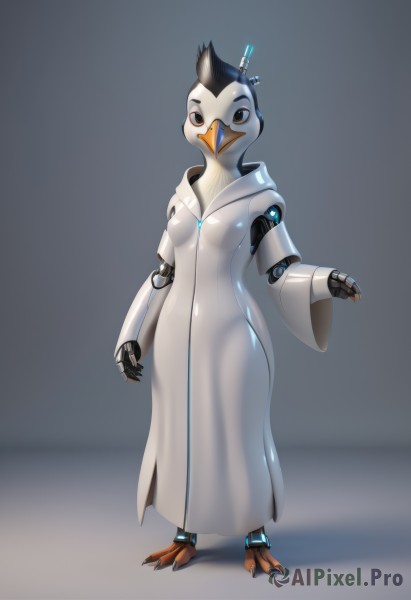 1girl,solo,breasts,looking at viewer,brown eyes,medium breasts,standing,full body,small breasts,hood,grey background,see-through,no humans,mask,bird,robot,furry,science fiction,robe,furry female,android,joints,cyborg,robot joints,talons,beak,fewer digits,humanoid robot,digitigrade,simple background,black hair,dress,jewelry,barefoot,white dress,black eyes,white robe