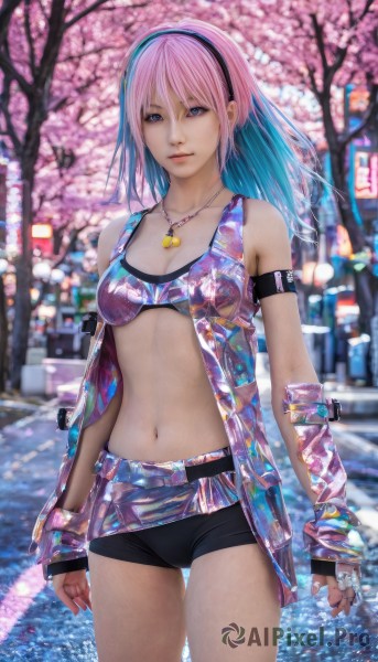 1girl,solo,long hair,breasts,looking at viewer,smile,blue eyes,gloves,navel,cleavage,bare shoulders,jewelry,medium breasts,underwear,blue hair,swimsuit,pink hair,multicolored hair,cowboy shot,hairband,small breasts,outdoors,shorts,midriff,fingerless gloves,water,necklace,bra,blurry,two-tone hair,tree,lips,short shorts,gradient hair,depth of field,blurry background,black shorts,thigh gap,cherry blossoms,pendant,realistic,bangs,closed mouth,standing,collarbone,bikini,open clothes,belt,stomach,bracelet,armband,arms at sides,road,street