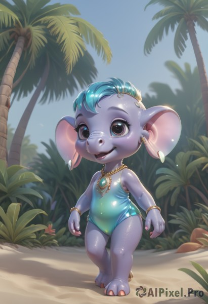 1girl,solo,looking at viewer,smile,short hair,open mouth,hair ornament,animal ears,bare shoulders,brown eyes,jewelry,blue hair,standing,swimsuit,full body,earrings,outdoors,sky,barefoot,teeth,day,hairclip,shiny,artist name,necklace,black eyes,shiny hair,flat chest,bracelet,tree,blue sky,one-piece swimsuit,shiny skin,loli,:3,cameltoe,colored skin,beach,happy,grass,child,furry,walking,blue one-piece swimsuit,mouse ears,sand,palm tree,furry female,female child,bangle,bush,body fur,animal nose,animal feet,buck teeth,grey fur,yordle,tail,flower,mouse tail