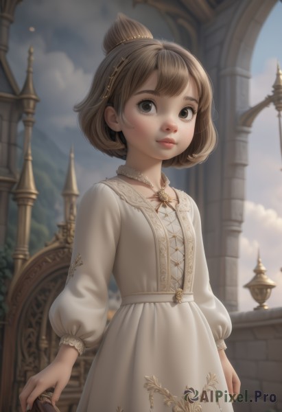 1girl,solo,looking at viewer,short hair,bangs,brown hair,hair ornament,long sleeves,dress,brown eyes,jewelry,closed mouth,standing,outdoors,sky,day,puffy sleeves,artist name,cloud,necklace,hair bun,white dress,blurry,flat chest,blue sky,lips,depth of field,blurry background,single hair bun,cloudy sky,building,child,puffy long sleeves,freckles,realistic,nose,arms at sides,female child,church,holding,earrings,watermark,skirt hold