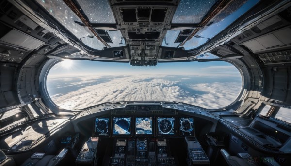 sky,cloud,signature,no humans,star (sky),scenery,science fiction,space,planet,earth (planet),spacecraft,english text,window,sunlight,machinery,realistic,cable,cockpit