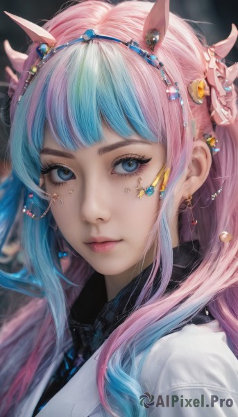 1girl,solo,long hair,looking at viewer,bangs,blue eyes,shirt,hair ornament,animal ears,jewelry,closed mouth,blue hair,upper body,pink hair,multicolored hair,hairband,earrings,necktie,horns,collared shirt,blunt bangs,star (symbol),nail polish,blurry,two-tone hair,lips,black shirt,eyelashes,aqua hair,gradient hair,makeup,blurry background,portrait,eyeshadow,pink lips,realistic,nose,mascara,piercing,gem