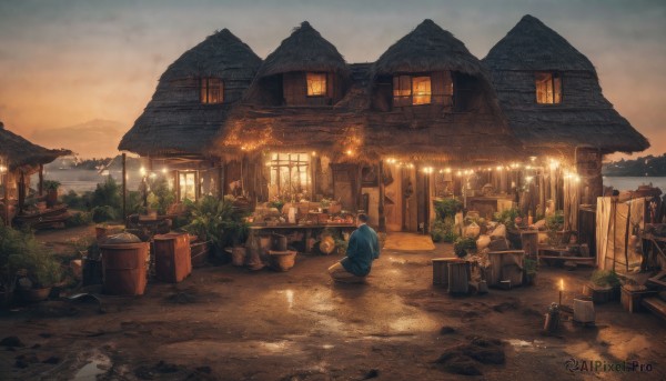 sitting,outdoors,food,sky,cloud,hood,water,tree,no humans,window,fire,plant,building,scenery,sunset,lantern,mountain,potted plant,bucket,candle,house,town,campfire,solo,1boy,chair,table,door,barrel,chimney,wood