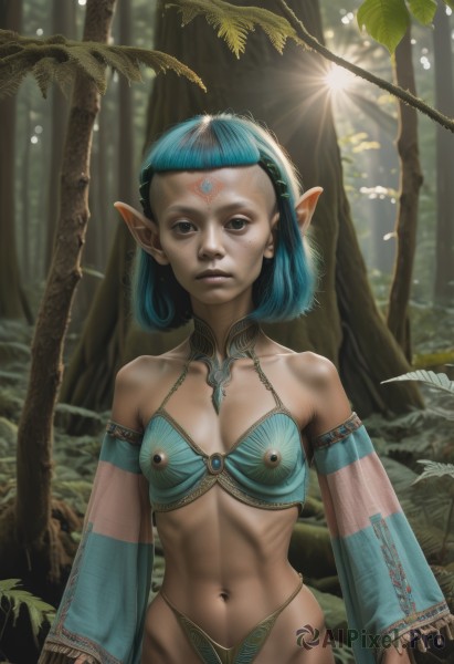 1girl,solo,breasts,looking at viewer,short hair,blue eyes,hair ornament,navel,cleavage,bare shoulders,jewelry,medium breasts,blue hair,swimsuit,bikini,small breasts,outdoors,detached sleeves,pointy ears,black eyes,tree,lips,see-through,facial mark,sunlight,elf,nature,forehead,forest,toned,realistic,nose,midriff,leaf,abs,forehead mark,facepaint,bodypaint