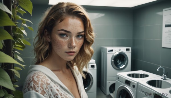 1girl,solo,long hair,looking at viewer,blue eyes,blonde hair,brown hair,closed mouth,collarbone,upper body,indoors,lips,leaf,wavy hair,plant,portrait,freckles,realistic,nose,tiles,tile wall,kitchen,sink,washing machine,breasts,expressionless,forehead