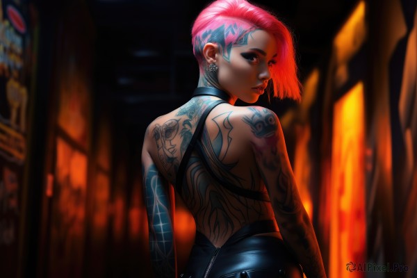 1girl,solo,looking at viewer,short hair,bangs,blue eyes,bare shoulders,jewelry,closed mouth,upper body,pink hair,red hair,earrings,looking back,pants,from behind,blurry,lips,tattoo,makeup,blurry background,back,piercing,ear piercing,asymmetrical hair,backless outfit,nose,arm tattoo,undercut,mascara,neck tattoo,back tattoo,nose piercing,multicolored hair,choker,thick eyebrows,lipstick,eyeshadow,zipper,stud earrings,eyeliner,leather