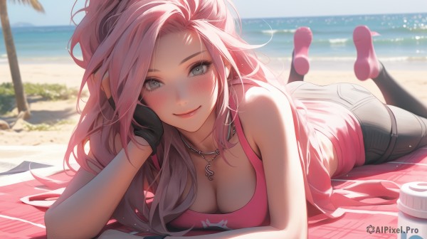 1girl,solo,long hair,breasts,looking at viewer,blush,smile,bangs,blue eyes,large breasts,shirt,gloves,cleavage,bare shoulders,jewelry,medium breasts,closed mouth,collarbone,ponytail,pink hair,ass,multicolored hair,outdoors,lying,sky,shoes,sleeveless,day,black gloves,pants,fingerless gloves,water,necklace,blurry,tree,cup,blue sky,lips,grey eyes,bare arms,eyelashes,sleeveless shirt,makeup,depth of field,blurry background,ocean,beach,no shoes,black pants,tank top,denim,on stomach,towel,hand on own face,legs up,pink shirt,head rest,jeans,partially fingerless gloves,pink lips,sand,palm tree,pink footwear,hand on own cheek,disposable cup,feet up,the pose,shorts,feet,short shorts,thigh strap,soles,bottle,single glove,horizon,water bottle