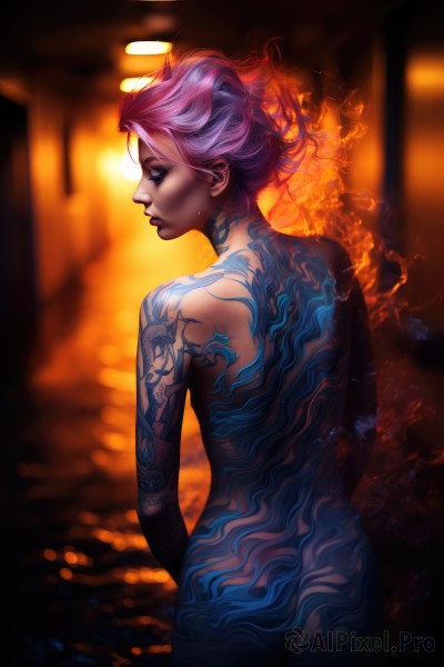 1girl,solo,short hair,blue eyes,jewelry,closed mouth,standing,pink hair,purple hair,ass,nude,cowboy shot,earrings,looking back,artist name,from behind,blurry,completely nude,tattoo,profile,makeup,blurry background,back,halo,fire,realistic,nose,arm tattoo,back tattoo,full-body tattoo,lips,facial tattoo