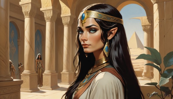 1girl,long hair,looking at viewer,blue eyes,multiple girls,black hair,dress,jewelry,green eyes,upper body,earrings,parted lips,multiple boys,solo focus,day,pointy ears,dark skin,necklace,white dress,lips,makeup,tiara,plant,elf,circlet,nose,pillar,statue,arch,column,2girls,closed mouth,standing,outdoors,sky,2boys,from side,leaf,gem,portrait,eyeshadow,realistic,headpiece,eyeliner,egyptian,egyptian clothes,diadem