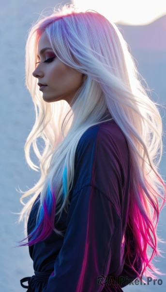 1girl,solo,long hair,long sleeves,closed mouth,closed eyes,upper body,pink hair,white hair,multicolored hair,parted lips,blurry,from side,lips,eyelashes,gradient hair,profile,makeup,wavy hair,eyeshadow,realistic,nose,dress,artist name,signature,streaked hair,blue background,lipstick,backlighting,purple lips,mascara