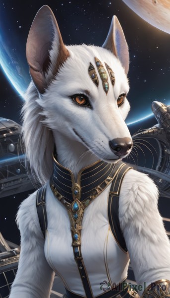 1girl,solo,long hair,breasts,looking at viewer,shirt,animal ears,brown eyes,jewelry,closed mouth,upper body,white hair,sky,sleeveless,artist name,signature,orange eyes,animal,moon,brooch,gem,star (sky),furry,starry sky,colored sclera,science fiction,furry female,space,body fur,forehead jewel,planet,alien,snout,earth (planet),spacecraft,fluffy,necklace,realistic,black sclera