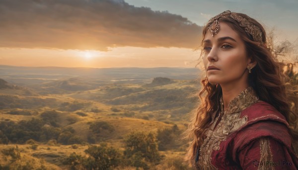 1girl,solo,long hair,blue eyes,brown hair,dress,brown eyes,jewelry,upper body,earrings,outdoors,sky,cloud,tree,lips,sunlight,nature,scenery,sunset,circlet,mountain,realistic,fantasy,sun,looking afar,landscape,mountainous horizon,curly hair