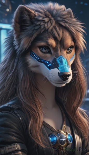 1girl,solo,long hair,looking at viewer,blue eyes,brown hair,animal ears,jewelry,collarbone,jacket,upper body,artist name,necklace,blurry,mask,blurry background,animal,furry,furry female,animal nose,whiskers,snout,brown eyes,signature,science fiction,realistic