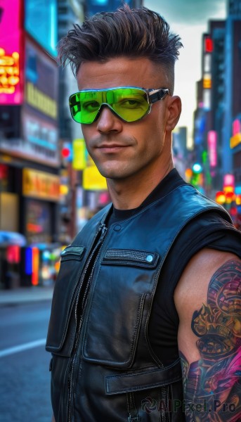 solo,looking at viewer,smile,short hair,shirt,black hair,1boy,closed mouth,jacket,upper body,male focus,outdoors,sleeveless,dark skin,blurry,vest,black shirt,tattoo,blurry background,facial hair,sunglasses,dark-skinned male,building,city,realistic,arm tattoo,aviator sunglasses,artist name,black jacket,night,zipper,black vest,blue vest,shoulder tattoo,undercut,sleeveless jacket