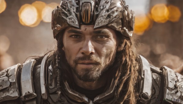 solo,long hair,looking at viewer,brown hair,1boy,brown eyes,closed mouth,upper body,male focus,armor,mole,blurry,mole under eye,depth of field,blurry background,facial hair,helmet,crown,shoulder armor,portrait,beard,pauldrons,breastplate,realistic,manly,scar,close-up