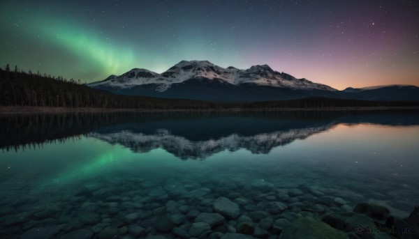 outdoors,sky,water,tree,no humans,night,star (sky),nature,night sky,scenery,forest,starry sky,reflection,rock,mountain,river,landscape,lake,reflective water,aurora,grass,mountainous horizon,milky way