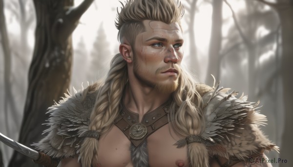 solo,long hair,blonde hair,1boy,closed mouth,nipples,upper body,weapon,braid,male focus,outdoors,sword,artist name,mole,blurry,twin braids,tree,looking to the side,grey eyes,muscular,blurry background,facial hair,scar,looking away,thick eyebrows,feathers,knife,pectorals,muscular male,portrait,nature,bara,hair over shoulder,beard,scar on face,forest,freckles,large pectorals,mature male,realistic,scar across eye,stubble,bare pectorals,short hair,blue eyes,jewelry,sideburns,undercut,chest hair