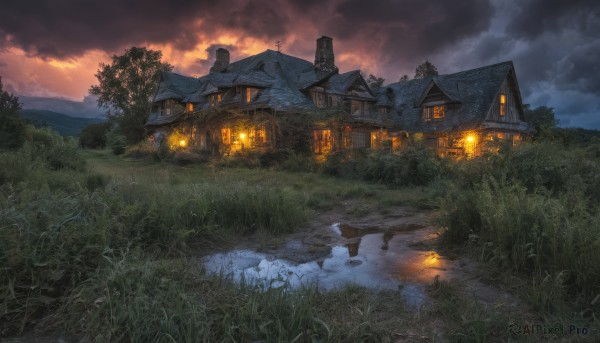 outdoors,sky,cloud,water,tree,no humans,window,night,cloudy sky,grass,plant,building,nature,scenery,forest,reflection,sunset,lantern,mountain,house,river,evening,fantasy,door,bush,lake,path,pond,reflective water,chimney