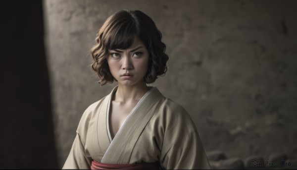 1girl,solo,looking at viewer,short hair,bangs,brown hair,black hair,brown eyes,closed mouth,collarbone,upper body,japanese clothes,kimono,blurry,black eyes,lips,looking to the side,sash,blurry background,curly hair,realistic,nose,white kimono