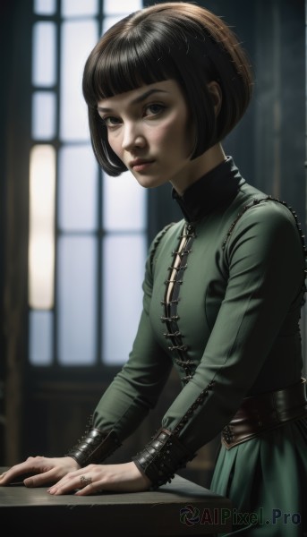 1girl,solo,looking at viewer,smile,short hair,bangs,brown hair,black hair,long sleeves,dress,brown eyes,jewelry,closed mouth,standing,upper body,belt,indoors,blunt bangs,blurry,black eyes,lips,window,depth of field,blurry background,table,bob cut,ring,green dress,realistic,nose,breasts,blue eyes,sitting,backlighting