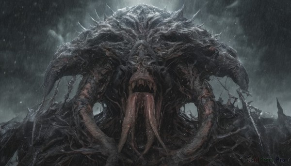 A monster portrayed in a vivid rainy outdoors