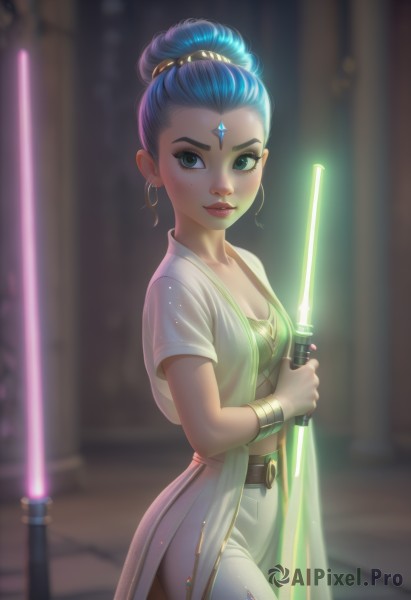 1girl,solo,breasts,looking at viewer,smile,blue eyes,holding,cleavage,jewelry,closed mouth,green eyes,blue hair,weapon,short sleeves,earrings,small breasts,belt,pants,sword,hair bun,holding weapon,blurry,bracelet,lips,makeup,blurry background,facial mark,holding sword,single hair bun,freckles,science fiction,forehead mark,realistic,forehead jewel,energy sword,lightsaber,blush,hair ornament,standing,cowboy shot,artist name