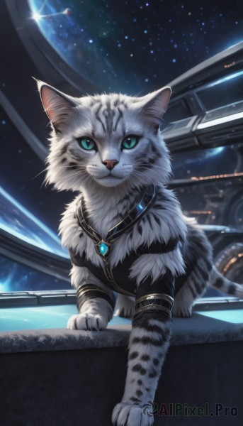 solo,looking at viewer,smile,blue eyes,jewelry,closed mouth,green eyes,sky,indoors,signature,necklace,no humans,animal,cat,gem,star (sky),starry sky,space,animal focus,white fur,planet,whiskers,artist name,pendant,realistic,white cat