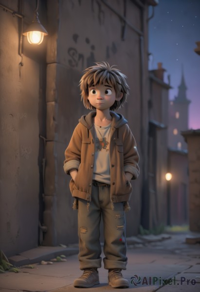 solo,looking at viewer,short hair,brown hair,shirt,black hair,1boy,brown eyes,jewelry,standing,jacket,full body,white shirt,male focus,outdoors,open clothes,sky,shoes,belt,pants,artist name,signature,hood,necklace,blurry,black eyes,open jacket,torn clothes,hoodie,night,hood down,denim,building,sneakers,child,star (sky),night sky,hooded jacket,pendant,brown jacket,jeans,hands in pockets,male child,lamppost,torn pants,alley,patch,pavement,blurry background,watermark,brown footwear,web address,starry sky