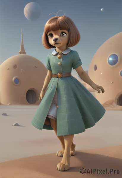 1girl,solo,looking at viewer,smile,short hair,bangs,brown hair,hair ornament,dress,animal ears,brown eyes,closed mouth,standing,tail,full body,short sleeves,outdoors,sky,shorts,barefoot,day,hairclip,belt,artist name,signature,blunt bangs,flat chest,blue sky,plaid,buttons,blue dress,watermark,moon,happy,bob cut,antenna hair,child,star (sky),dog ears,furry,starry sky,walking,belt buckle,sand,furry female,dog girl,collared dress,female child,brown belt,body fur,crescent moon,planet,animal nose,spacecraft,desert,animal feet,puffy sleeves,puffy short sleeves,shadow,green dress,dog,dog tail,long dress,brown fur,dust,footprints