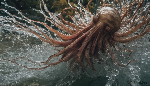 solo,outdoors,water,blurry,no humans,from above,tentacles,1other,monster,splashing,octopus,from side,scenery,realistic,alien,eldritch abomination