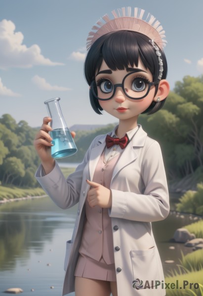 1girl,solo,looking at viewer,short hair,bangs,blue eyes,skirt,shirt,black hair,long sleeves,bow,holding,jewelry,closed mouth,standing,jacket,white shirt,pantyhose,cowboy shot,pleated skirt,earrings,outdoors,open clothes,sky,glasses,day,collared shirt,cloud,bowtie,water,blurry,black eyes,vest,red bow,tree,blue sky,lips,coat,maid headdress,makeup,buttons,blurry background,thick eyebrows,cloudy sky,bottle,grass,pointing,red bowtie,nature,pink skirt,black-framed eyewear,rock,round eyewear,labcoat,stud earrings,river,test tube,flask,nail polish,formal,suit,child,red lips,lake