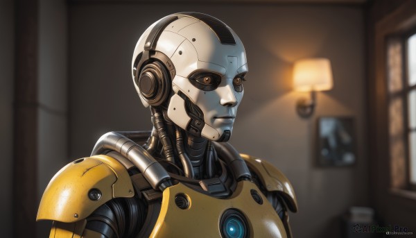 solo,1boy,upper body,male focus,artist name,indoors,signature,blurry,window,blurry background,robot,portrait,colored sclera,science fiction,realistic,android,black sclera,lamp,bald,cyborg,looking ahead,robot joints,humanoid robot,1girl,brown eyes,armor,lips,no humans,watermark,web address,power armor,radio antenna