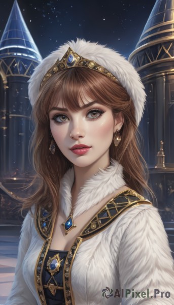 1girl,solo,long hair,breasts,looking at viewer,bangs,brown hair,hat,cleavage,brown eyes,jewelry,medium breasts,closed mouth,upper body,earrings,outdoors,sky,signature,necklace,lips,coat,fur trim,eyelashes,makeup,night,white headwear,crown,building,gem,star (sky),night sky,starry sky,fur collar,gold trim,realistic,nose,white coat,red lips,fur hat,blue gemstone,red gemstone,shirt,jacket,tiara,lipstick,city,tower