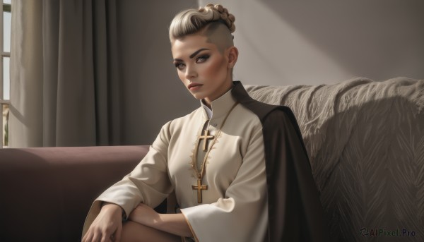 1girl,solo,looking at viewer,short hair,blonde hair,brown hair,long sleeves,brown eyes,jewelry,sitting,closed mouth,braid,indoors,necklace,hair bun,lips,window,single hair bun,cross,curtains,couch,robe,realistic,nose,cross necklace,upper body,makeup,eyeshadow,very short hair