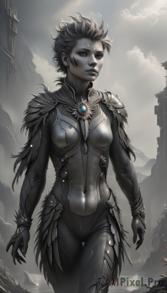 1girl,solo,breasts,short hair,jewelry,medium breasts,closed mouth,standing,monochrome,cowboy shot,outdoors,sky,artist name,cloud,water,armor,lips,bodysuit,covered navel,makeup,colored skin,facial mark,thigh gap,cloudy sky,feathers,gem,skin tight,arms at sides,grey skin,looking at viewer,greyscale,watermark