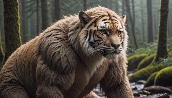 solo,brown eyes,closed mouth,outdoors,day,blurry,tree,no humans,depth of field,blurry background,animal,nature,forest,rock,realistic,animal focus,tiger,year of the tiger,looking at viewer,grass,plant,whiskers