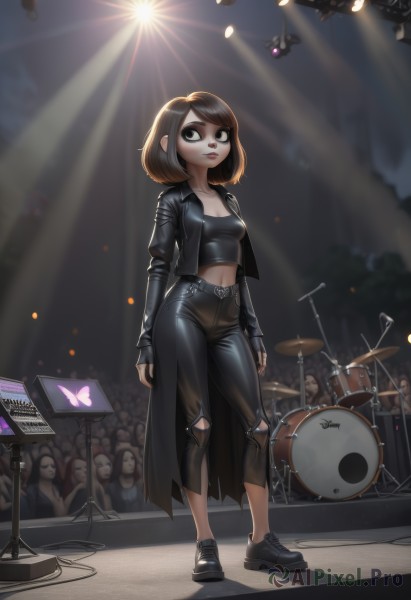 1girl,breasts,looking at viewer,short hair,bangs,brown hair,shirt,black hair,long sleeves,navel,cleavage,brown eyes,medium breasts,standing,collarbone,jacket,full body,small breasts,outdoors,parted lips,open clothes,shoes,teeth,solo focus,midriff,belt,pants,artist name,fingerless gloves,medium hair,black footwear,black eyes,open jacket,lips,black jacket,crop top,torn clothes,black shirt,makeup,night,swept bangs,black pants,bug,lipstick,butterfly,instrument,black nails,microphone,cropped jacket,6+boys,jeans,light rays,nose,music,arms at sides,guitar,red lips,light,leather,playing instrument,microphone stand,crowd,torn pants,leather jacket,drum,stage,lights,spotlight,drumsticks,keyboard (instrument),stage lights,people,torn jeans,drum set,concert,leather pants,solo,gloves,multicolored hair,black gloves,sneakers,shiny clothes,speaker