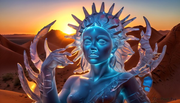 HQ,1girl,solo,long hair,breasts,large breasts,cleavage,jewelry,medium breasts,blue hair,collarbone,closed eyes,upper body,nude,earrings,outdoors,parted lips,horns,sky,teeth,lips,makeup,glowing,colored skin,facial mark,monster girl,glowing eyes,backlighting,sunset,blue skin,giant,grey skin,giantess,extra arms,alien,nipples,white hair,tattoo,forehead mark,sun,no pupils,orange sky,sunrise